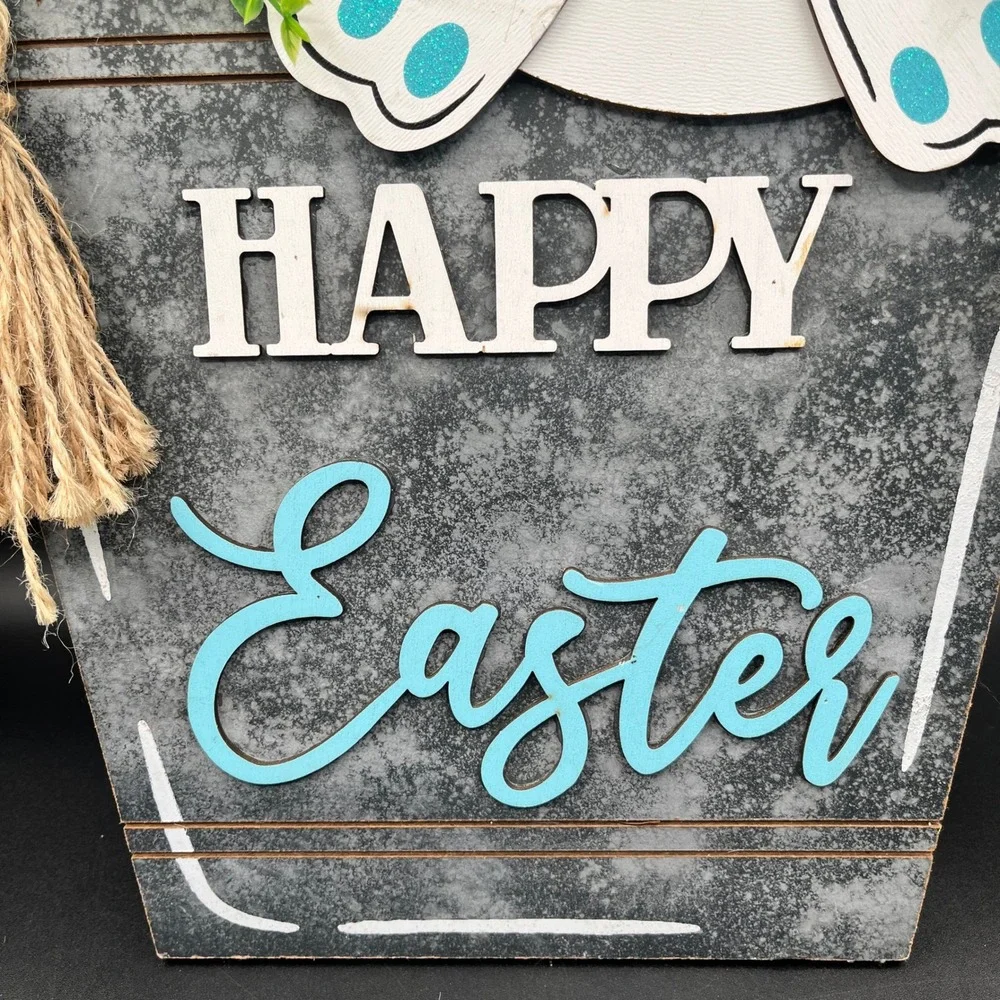 Happy Easter Bunny Bucket Wall Decor Floral Rustic 20.5